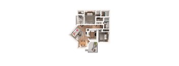 A top-down view of a house layout with a kitchen, living room, and bedrooms.