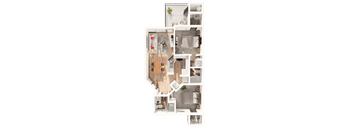 A top-down view of a house layout with a kitchen, living room, and bathroom.