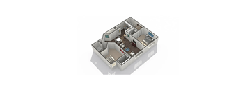 A 3D rendered image of a house layout.