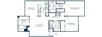 A floor plan of a home showing a living area, dining area, kitchen, two bathrooms, a walk-thru closet, a master bedroom, and two bedrooms.