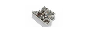 A 3D rendered image of a house layout.