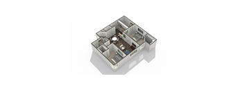 A 3D image of a small house with a kitchen and living room.