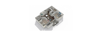 A 3D rendered image of a house layout.