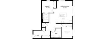 A floor plan of a two bedroom apartment with a living/dining room, kitchen, and two bathrooms.