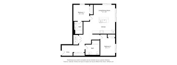 A floor plan of a two bedroom apartment with a living/dining room, kitchen, and two bathrooms.