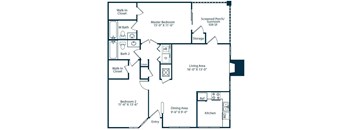 A floor plan of a house with a living area, two bedrooms, a bathroom, a kitchen, and a storage space.
