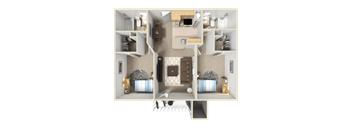 A 3D floor plan of a house showing a living room, kitchen, and two bedrooms.