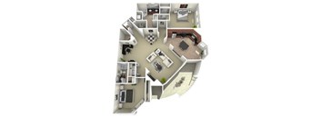 A 3D floor plan of a house with a kitchen, living room, and bedrooms.