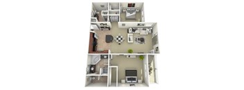 A 3D rendered image of a small apartment with a kitchen, living room, and bedroom.