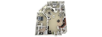 A 3D floor plan of a house showing a kitchen, living room, and bathroom.