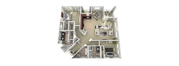 A 3D floor plan of a house with multiple rooms and furniture.