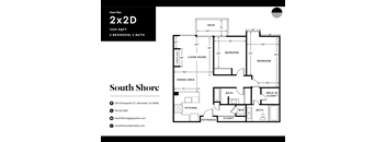 A floor plan for a 2x2D layout with a living room, two bedrooms, a dining area, kitchen, bathrooms, and closets.