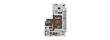 A floor plan of a two-story apartment with a living room, kitchen, and bedrooms.