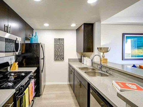 A modern kitchen with a black stove top oven and a black refrigerator.