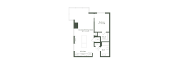 A floor plan of a house with a living/dining room, kitchen, and bedroom.