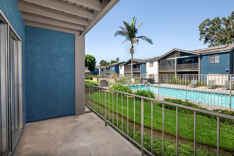 A view of a pool from a balcony.
