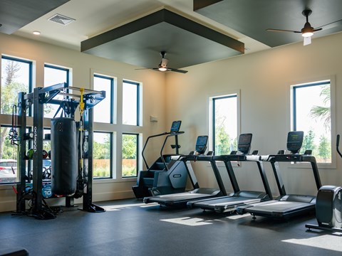A gym with treadmills, a punching bag, and a fan.