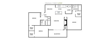 A floor plan of a 3 bedroom/2 bath home with a laundry room.
