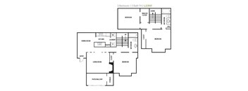 A floor plan of a 3 bedroom, 2 bathroom home.