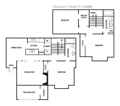 A floor plan of a 3 bedroom, 2 bathroom home.