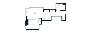 A floor plan of a house with a living room, a bedroom, a study, a kitchen, a laundry room, and a garage.