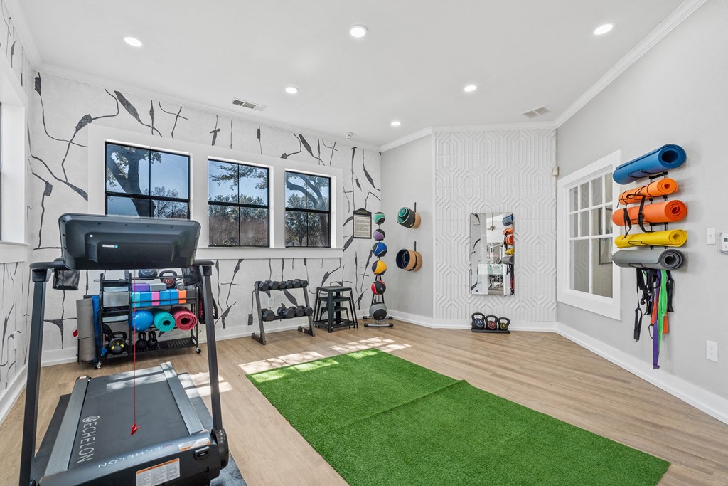 a workout room with a treadmill and a green rug