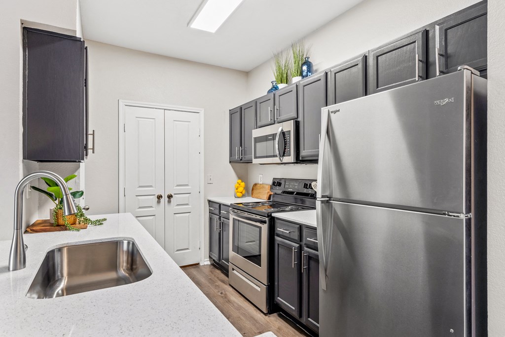 kitchen with pantry, onyx cabinets, and stainless steel appliances at Bardin Greene apartments near Arlington, TX.
