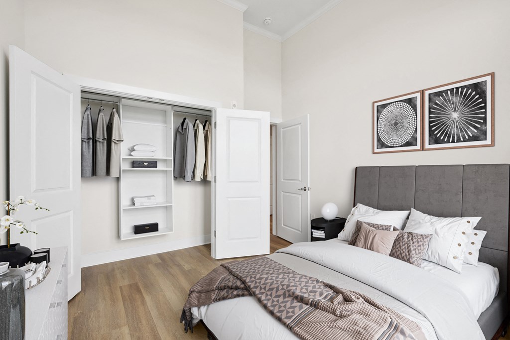 a bedroom with a bed and a closet