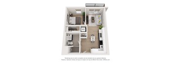 a stylized floor plan of a 1 bedroom apartment