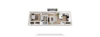 a stylized 3d floor plan with a bedroom and a living room