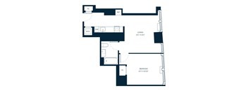 A floor plan of a living area and bedroom.