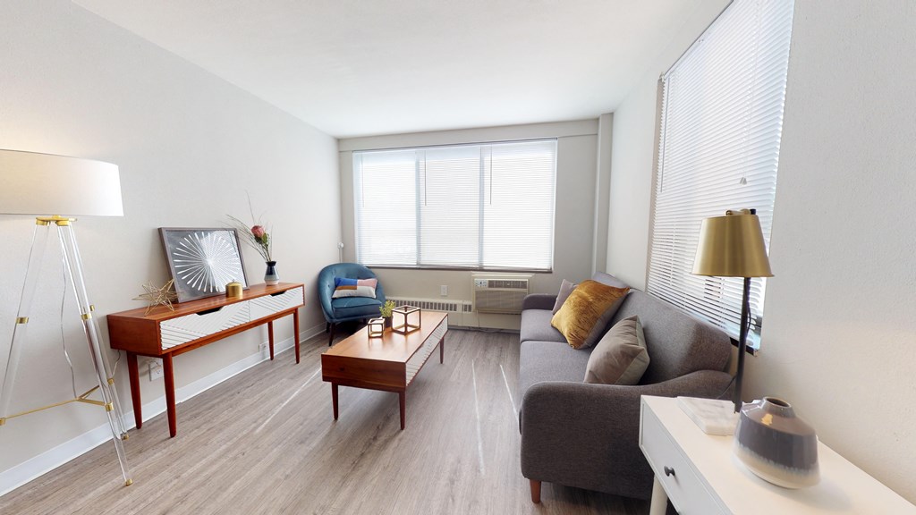 a living room with a couch and a coffee table