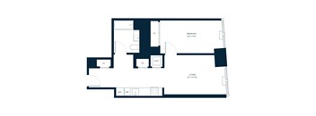A floor plan of a living space with a bedroom, living room, and a laundry area.