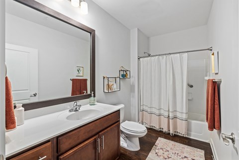 A bathroom with a white sink, toilet, and a mirror.