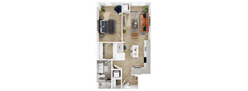 a birds eye view of a house with a bedroom and a living room