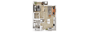 a birds eye view of a bedroom floor plan with furniture and a bathroom