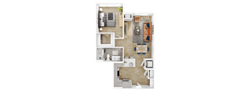 a 3d rendering of a bedroom and living room with a wood floor
