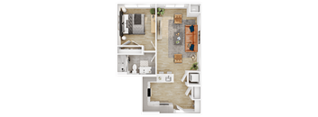 a birds eye view of a house with a bedroom and a living room