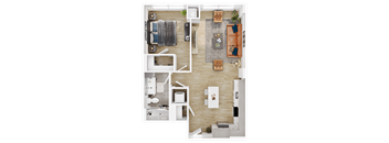 a birds eye view of a floor plan with a bedroom and a bathroom
