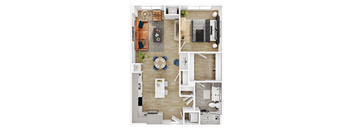 a 3d rendering of a bedroom and living room