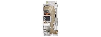 a birds eye view of a house with a bedroom and a living room