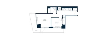 A floor plan of a house with a living room, bedroom, and bathroom.