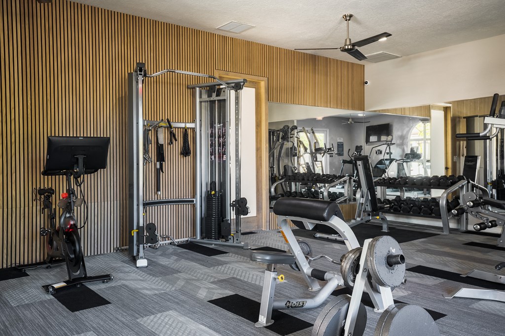 a gym with a lot of exercise machines and weights