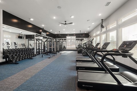 A gym with treadmills and exercise bikes.
