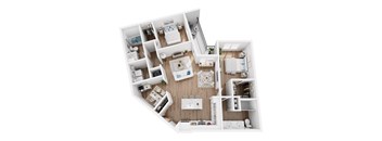 A top-down view of a small apartment with a kitchen, living room, and bedroom.