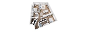 A top-down view of a well-organized apartment with a kitchen, living room, and bedrooms.