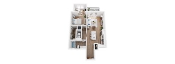 A top-down view of a small apartment with a kitchen, living room, and bathroom.