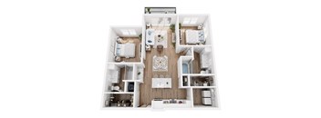 A top-down view of a modern apartment layout with a kitchen, living room, and bedrooms.