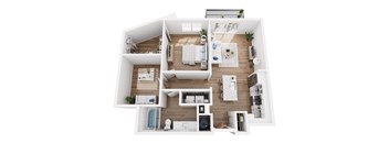 A top-down view of a modern, well-organized apartment with a kitchen, living room, and bedrooms.