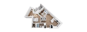 A top down view of a house layout with a kitchen, living room, and bathrooms.